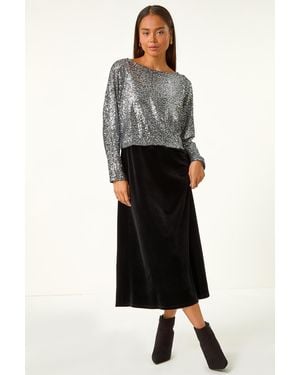 Roman Petite Contrast Sequin Velvet Dress - Black