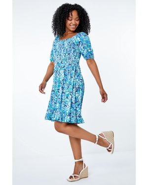Roman Petite Floral Print Shirred Tea Dress - Blue