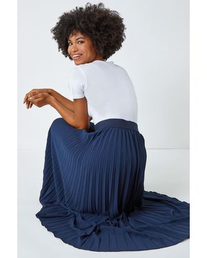 Roman Pleated Elastic Waist Maxi Stretch Skirt - Blue