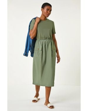 Roman Cotton Utility T-Shirt Midi Dress - Green