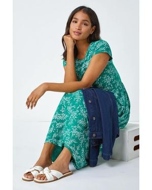 Roman Ditsy Gathered Skirt Stretch Midi Dress - Blue