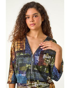Roman Abstract Print Front Zip Stretch Top - Blue