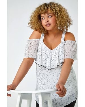Roman Curve Polka Dot Cold Shoulder Chiffon Top - White