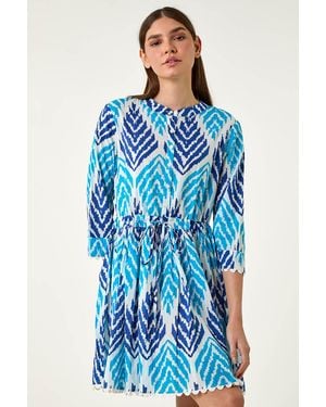 Roman Cotton Zig Zag Frill Trim Smock Dress - Blue