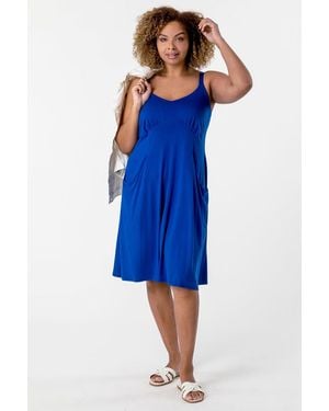 Roman Curve Strappy Pocket Sun Dress - Blue