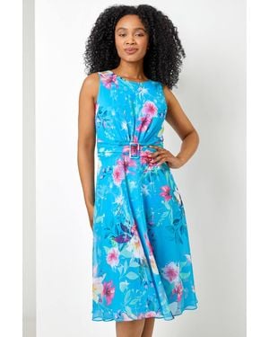 Roman Petite Floral Buckle Detail Chiffon Dress - Blue