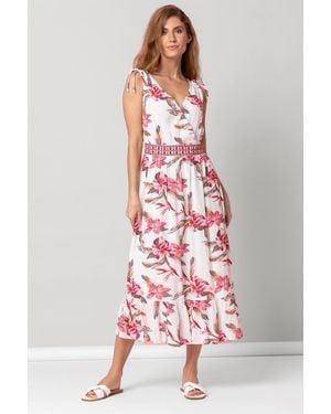 Roman Floral Embroidered Detail Wrap Dress - White