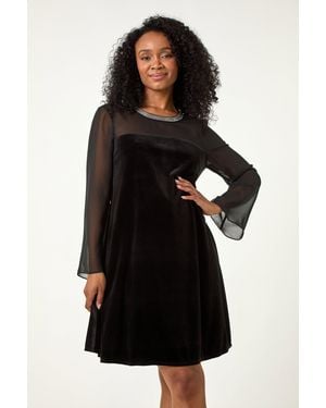 Roman Petite Neck Trim Velvet Stretch Dress - Black