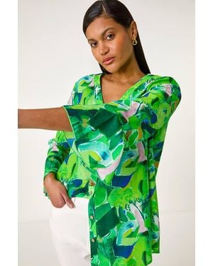 Roman Abstract Print Flared Blouse - Green