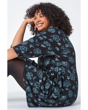 Roman Curve Floral Print Smock Stretch Dress - Blue
