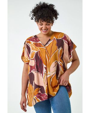 Roman Curve Leaf Print Pleat Front Top - Orange