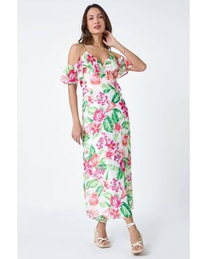 Roman Floral Print Cold Shoulder Chiffon Midi Dress - White