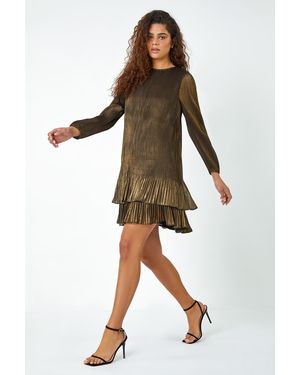 Roman Pleated Shimmer Frill Hem Swing Dress - Brown