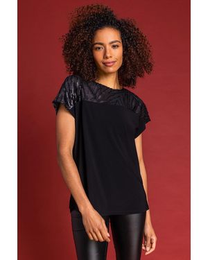 Roman Flocked Foil Leaf Print Yoke Top - Metallic