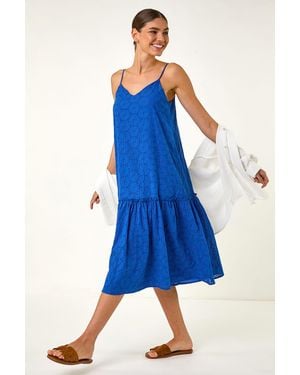 Roman Broderie Frill Tiered Midi Dress - Blue
