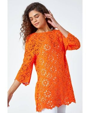 Roman Floral Cotton Crochet Tunic Top - Orange