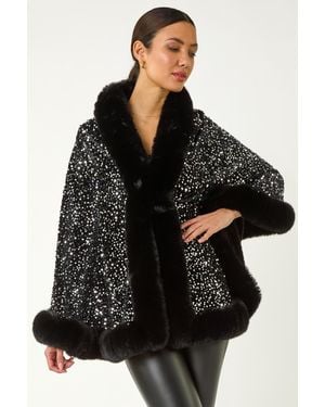 Roman Faux Fur Trim Sequin Cape - Black