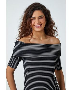 Roman Stripe Ribbed Stretch Bardot Top - Blue