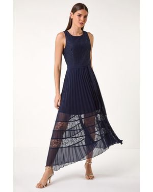 Roman Pleated Lace Detail Midi Dress - Blue