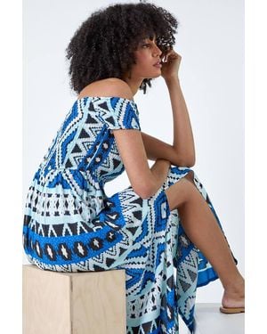 Roman Aztec Shirred Bardot Maxi Dress - Blue