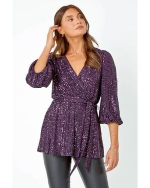 Roman Embellished Sequin Stretch V-Neck Wrap Top - Purple