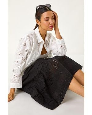 Roman Broderie Cotton A-Line Midi Skirt - Black