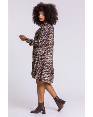 Roman Curve Leopard Print Frilled Dress - Multicolour