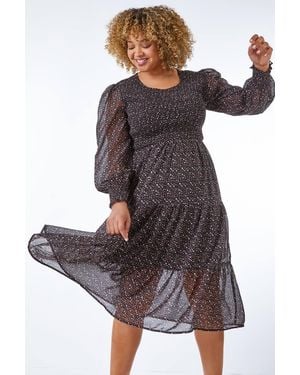Roman Curve Heart Tiered Stretch Midi Dress - Brown
