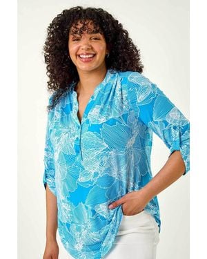 Roman Curve Textured Floral Print V-Neck Shirt - Blue
