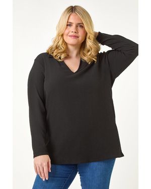 Roman Curve Stretch V-Neck Collared Top - Black