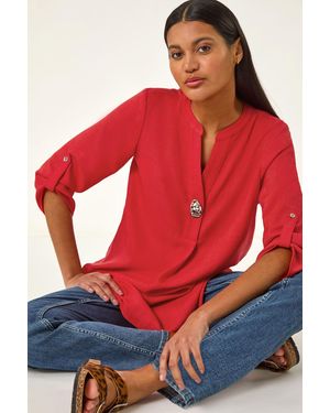 Roman Button Detail Longline Blouse - Red
