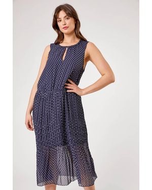 Roman Curve Spot Print Pleated Midi Dress - Blue