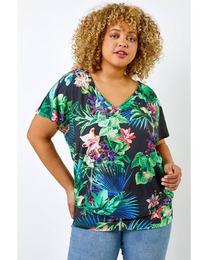 Roman Curve Tropical Print Blouson Hem Top - Black