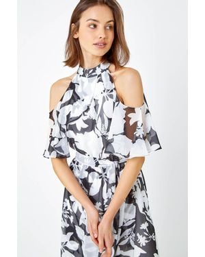 Roman Floral Cold Shoulder Chiffon Maxi Dress - White
