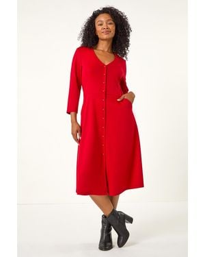 Roman Petite V-Neck Button Detail Stretch Dress - Red