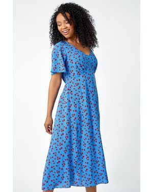 Roman Petite Strawberry Print Midi Tea Dress - Blue