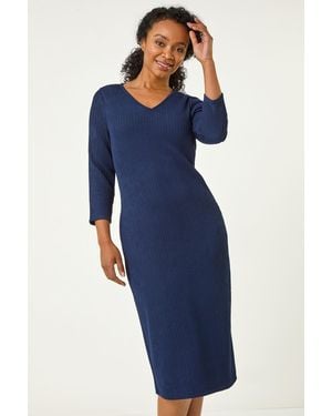 Roman Petite Textured V-Neck Midi Dress - Blue