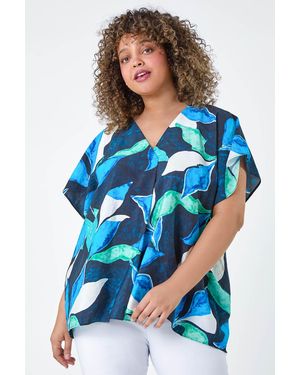 Roman Curve Abstract Print V-Neck Pleat Front Top - Blue