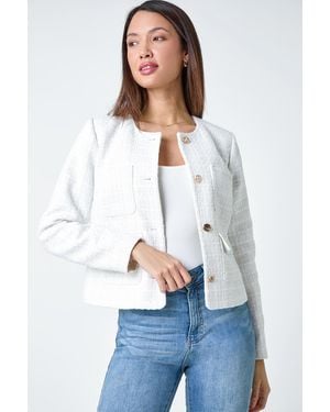 Roman Collarless Boucle Jacket - White