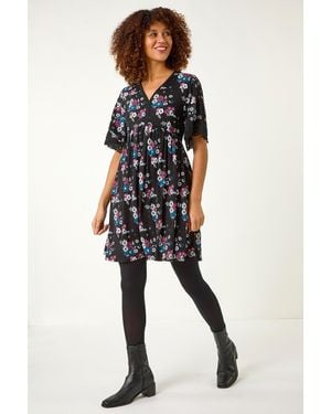 Roman Lace Trim Floral Dress - Black