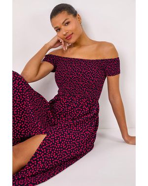 Roman Spot Print Shirred Bardot Maxi Dress - Purple