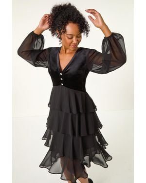 Roman Petite Velvet Tiered Midi Stretch Dress - Black