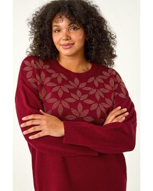 Roman Curve Leaf Print Hotfix Knit Jumper - Red
