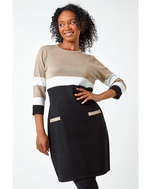 Roman Petite Stripe Print Pocket Jumper Dress - Black