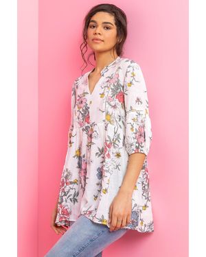 Roman Floral Print Notch Neck Tunic Top - White