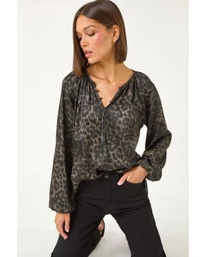 Roman Animal Print Shimmer Blouse - Black