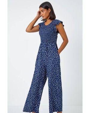 Roman Polka Dot Shirred Pocket Jumpsuit - Blue