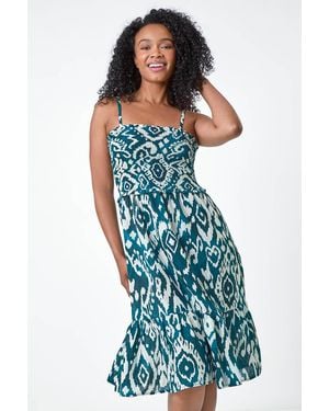 Roman Petite Aztec Strappy Shirred Dress - Blue