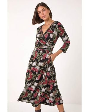 Roman Floral Print Wrap Front Midi Dress - White