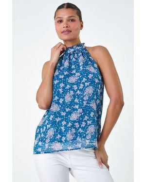 Lilly-and-Hope Floral Print Halter Neck Frill Top - Blue